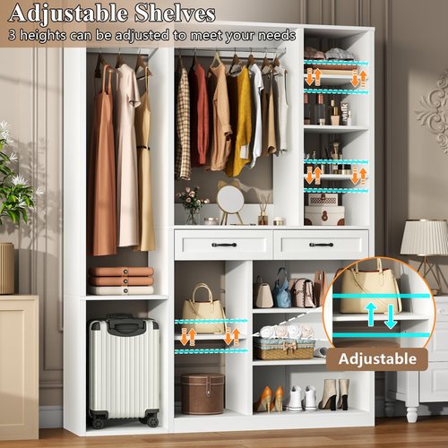 Closet System with 2 Drawers, 55” Wood Closets Organizer and Storage with 2 Hanging Rods, Walk-In Closets System, Clothes Rack with 10 Shelves, White Closet Shelves System Large Wardrobe for Bedroom