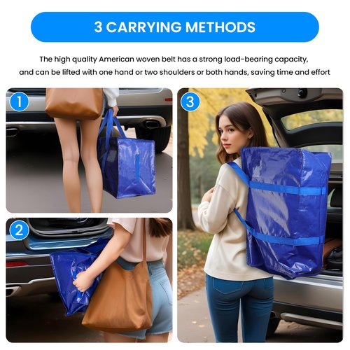 Simple Deluxe Extra Large Moving Bags 10 Pack, Heavy Duty Storage Totes with Surround Handles & Zipper, for Clothes Packing, Moving Supplies, Blue