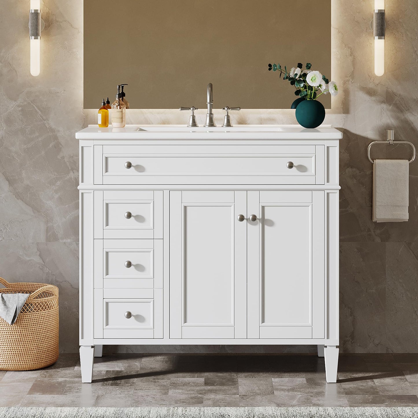 Tribesigns 36" Bathroom Vanity with Sink, Modern Bathroom Sink Cabinet with 4 Drawers & 2 Doors, Bath Storage Vanity Sink with Metal Handles, Solid Wood Frame, Paint Surface White