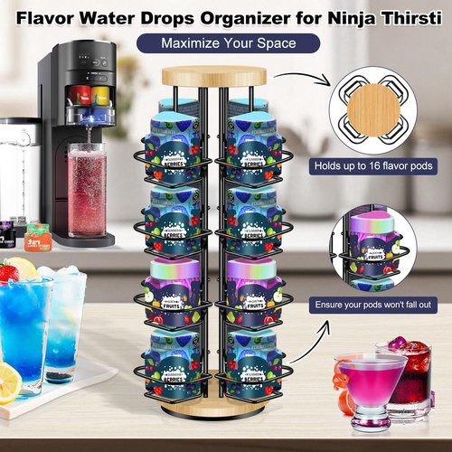 Dilobio Pod Holder for Ninja Thirsti Pods, 360° 16-Flavor Storage Holder Compatible with Ninja Thirsty Drink System, 4-Tier Thirsti Flavor Water Drops Organizer (Pack of 1)