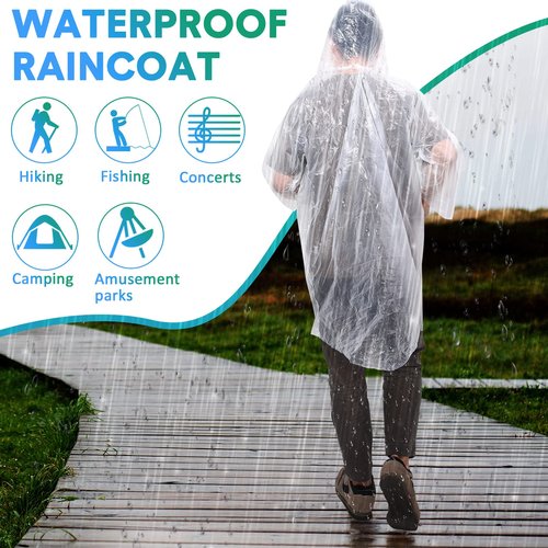 200 Pieces Disposable Rain Ponchos for Adults Bulk Emergency Rain Poncho Transparent Waterproof Throw Away Individually Wrapped Raincoat with Hood Clear Gear