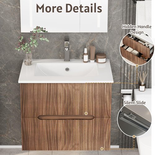 24'' Floating Bathroom Vanity Set, Wall Mounted Bathroom Cabinet with Ceramic Sink, 2 Fluted Drawers & Hidden Handles(Natural)