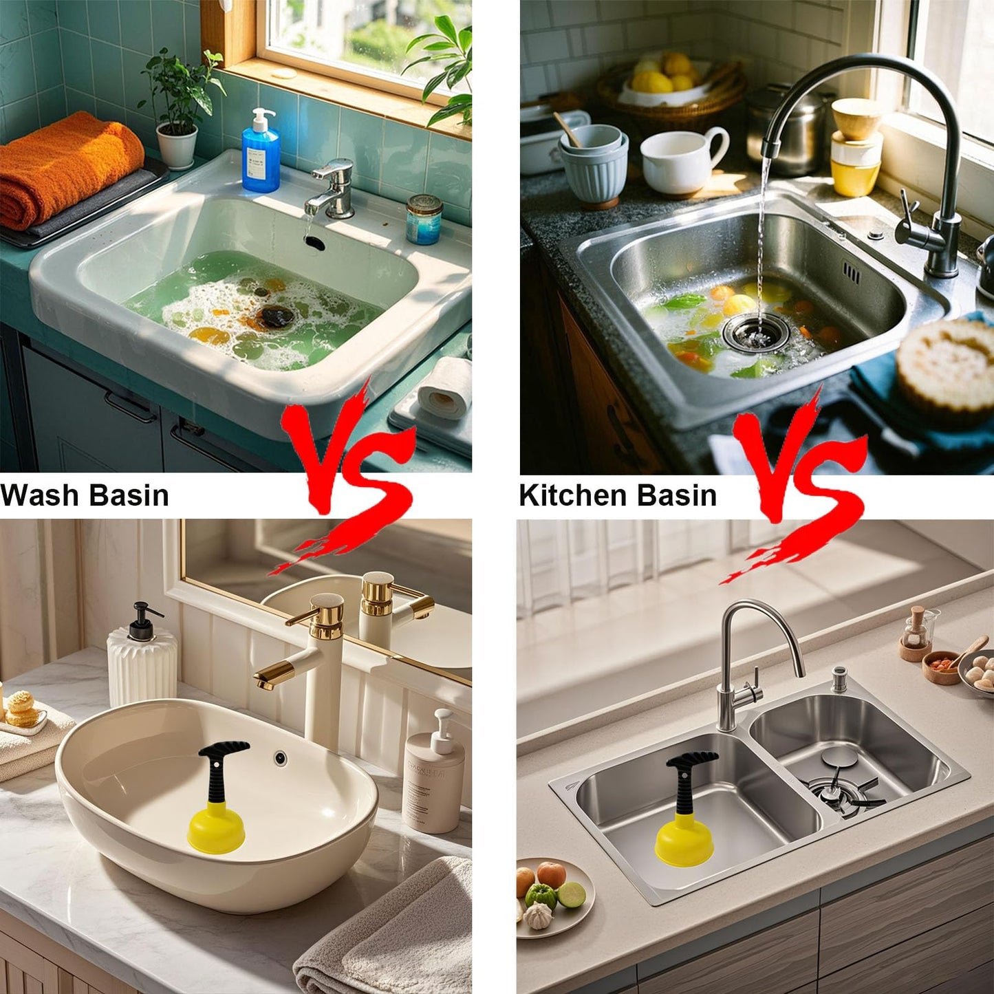 Mini Sink & Drain Plunger with Short Handle - Heavy-Duty Rubber Cup & Ergonomic Grip for Powerful Suction, Unclog Slow Drains in Sinks, Tubs, Showers, Bathrooms, Kitchens, Compact, Space-Saving Design