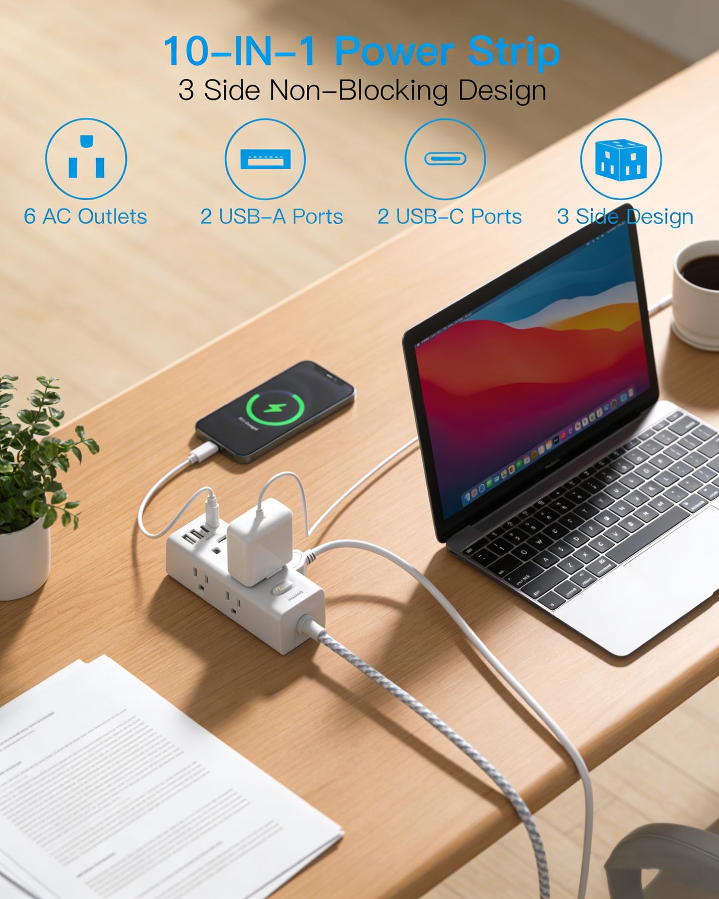 Flat Plug Extension Cord 5Ft, One Beat 5 Feet Surge Protector Power Strip with 6 Widely Outlets 4 USB Ports (2 USB C), 3 Way Wall Outlet Extender Extension Cord for Home Office College Dorm Room