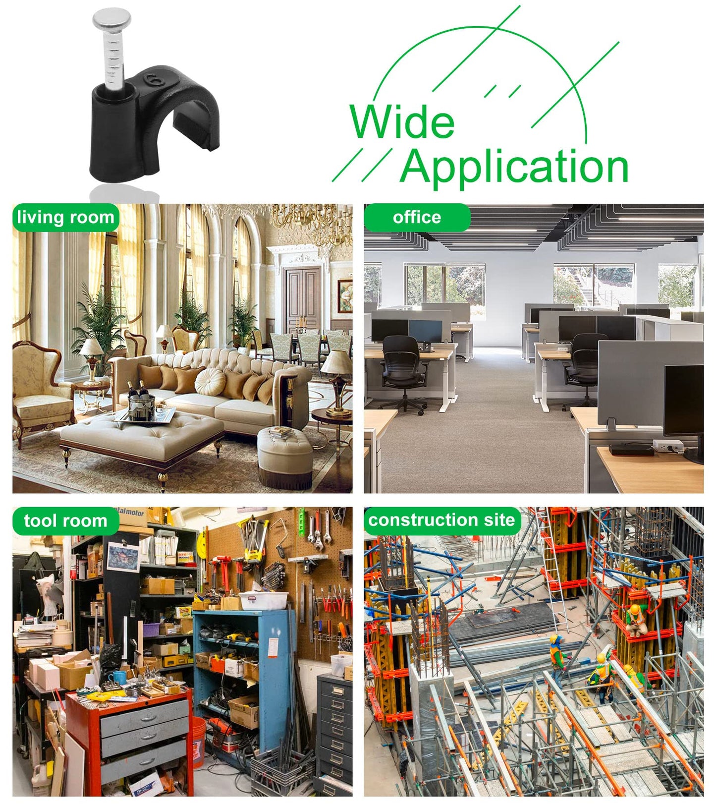 PHITUODA 100pcs 1/4" / 6mm Half Clamp J-Hook with Nail, Nail in Cable Clips Ethernet Cable Nails Tacks Clips, Black