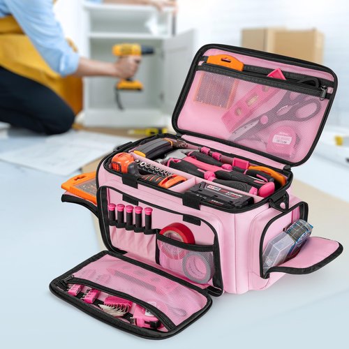 Trahzia Tool Tote Bag for Women, Tool Storage Organizer with Anti-friction Bottom, Tactical Range Bag for Electrician, Carpenters, Repairman, Pink