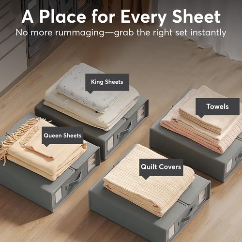 Mivala Bed Sheet Organizers and Storage - 4 Pack Bed Sheet Storage Organizer for King & Queen, Foldable & Adjustable Compartments with Clear Window & Label Cards