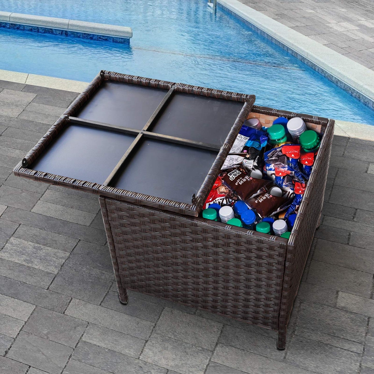 Valita Goognice Outdoor PE Wicker Side Table with Storage Patio Resin Rattan End Table Square Container for Furniture Covers, Toys and Gardening Tools Brown