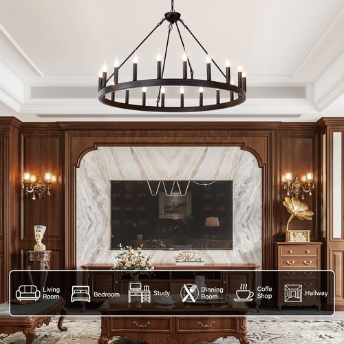 ZBMYRBZJ Black Wagon Wheel Chandelier 40 inch,20-Light Farmhouse Wagon Wheel Chandeliers Round Industrial Ceiling Light fixtures for Outdoor Porch high Ceilings Living Dining Room Foyer Entryway