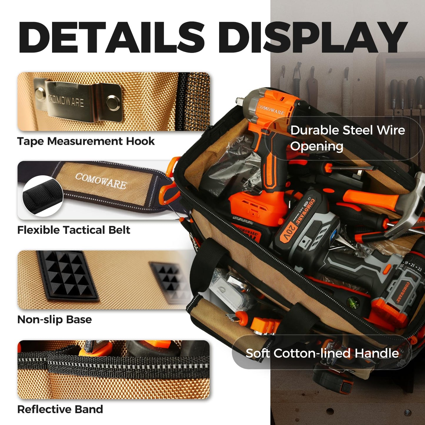 COMOWARE 16" Tool Bag, 19-Pocket Heavy Duty Tool Organizer with Adjustable 51.2" Shoulder Strap, 1680D Oxford Fabric & PVC Coating, Reflective Strips, Tactical Loops, Mechanics, Plumbers, DIY