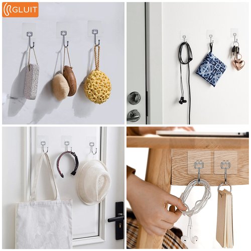 GLUIT Adhesive Large Wall Hooks for Hanging Heavy Duty 22 lbs Hook for Walls No Damage (6 Large Hooks)