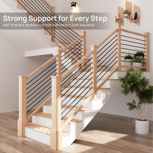 7 Pack 8 FT x 35/64 inch Iron Stair Balusters with 14mm Wood Drill Bit, Matte Black Hollow Horizontal Interior Baluster, Stair Railing Spindles for Indoor Staircase