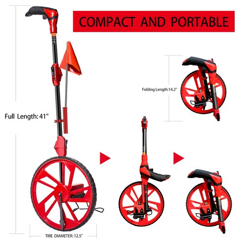 XIJIXI Measure Wheel Distance Measuring Wheel in feet,Collapsible Rolling Measurement Wheel,12.5”Diameter Wheel,With One key to Zero,Upgrade Flag Holder,With 10 Marking Flags(Red）
