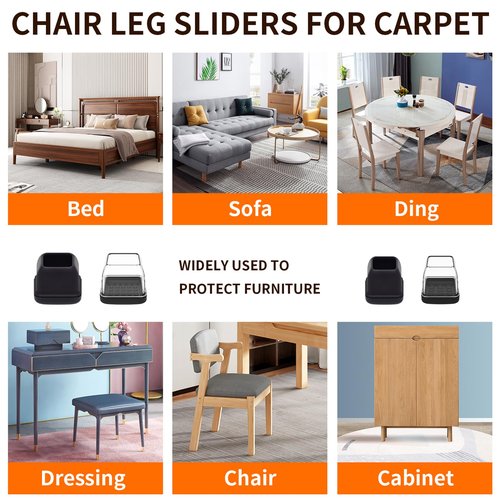 Ezprotekt 24 Pcs Clear Chair Leg Sliders for Carpet, Square Chair Glides for Rug, Teflon Furniture Pads Leg Protectors Caps - for Dining Table, Bar Stool, End Table Legs (L Fit:1" - 1.4")