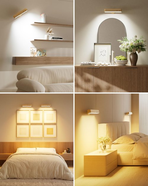 Rechargeable Wood Wall Sconce Indoor, LED Wall Light for Bedroom with Touch and Remote Control,360° Magnetic Rotate Wall Light,3 Colors Dimmable Brightness Wall Lamp with 15 RGB Colors,1 Pack