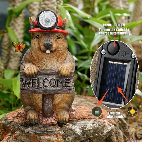 TOLIMI Groundhog Welcome Garden Statue with Solar Headlamp – Funny Animal Outdoor Yard Decor with LED Light and Butterfly – Waterproof Resin Garden Ornament for Patio, Lawn, Pathway