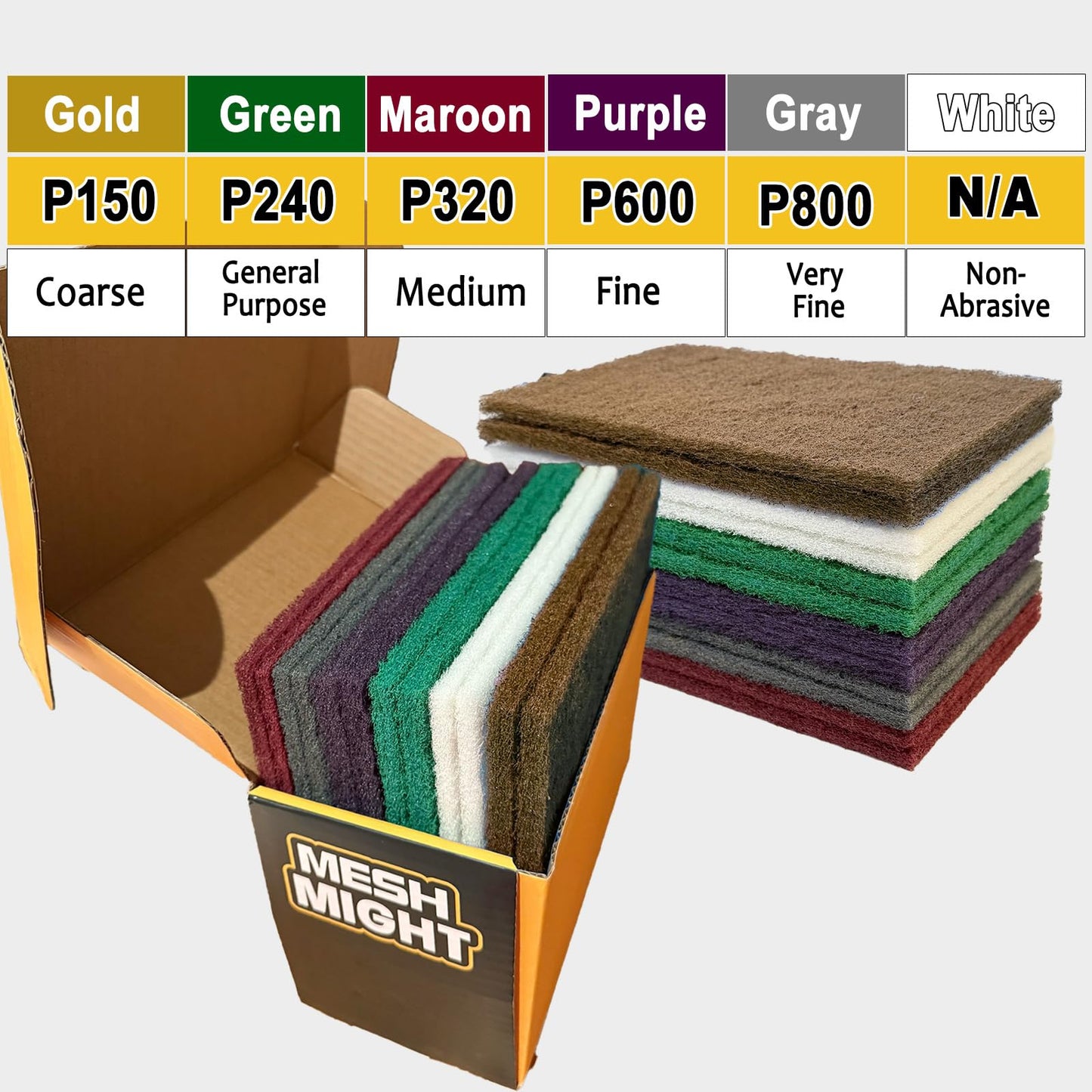 MeshMight 12-Pack 6"x9" Non-Woven Scuff Pads Multi Pack- Aluminum Oxide Abrasive for Scouring, Sanding, Paint Primer Prep - Automotive, Auto Body, Woodworking, Surface Preparation (Multi)