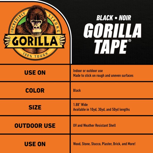 Gorilla Duct Tape, Black Tape, 1.88" x 50 yd (Pack of 1) - Heavy Duty and Weather Resistant for Indoor or Outdoor