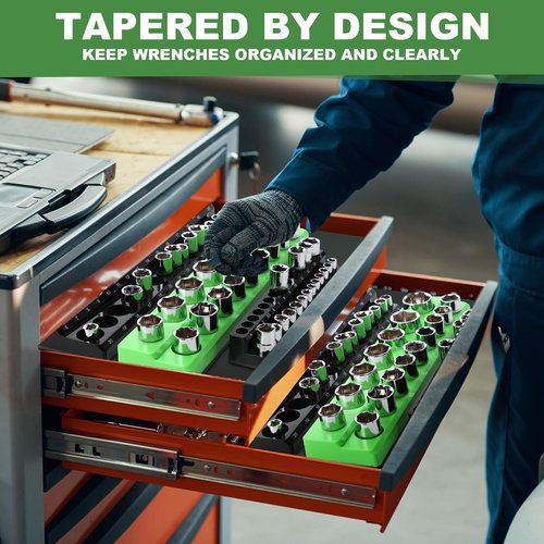 Blulu 8 Pack Magnetic Socket Organizer Set 1/4", 3/8", 1/2" Socket Holder, Magnetic Wrench Organizer 24-slot Drawer Storage Rack Tool Tray SAE (1/4" to 1-1/16"), Metric (6mm to 24mm), Green Black