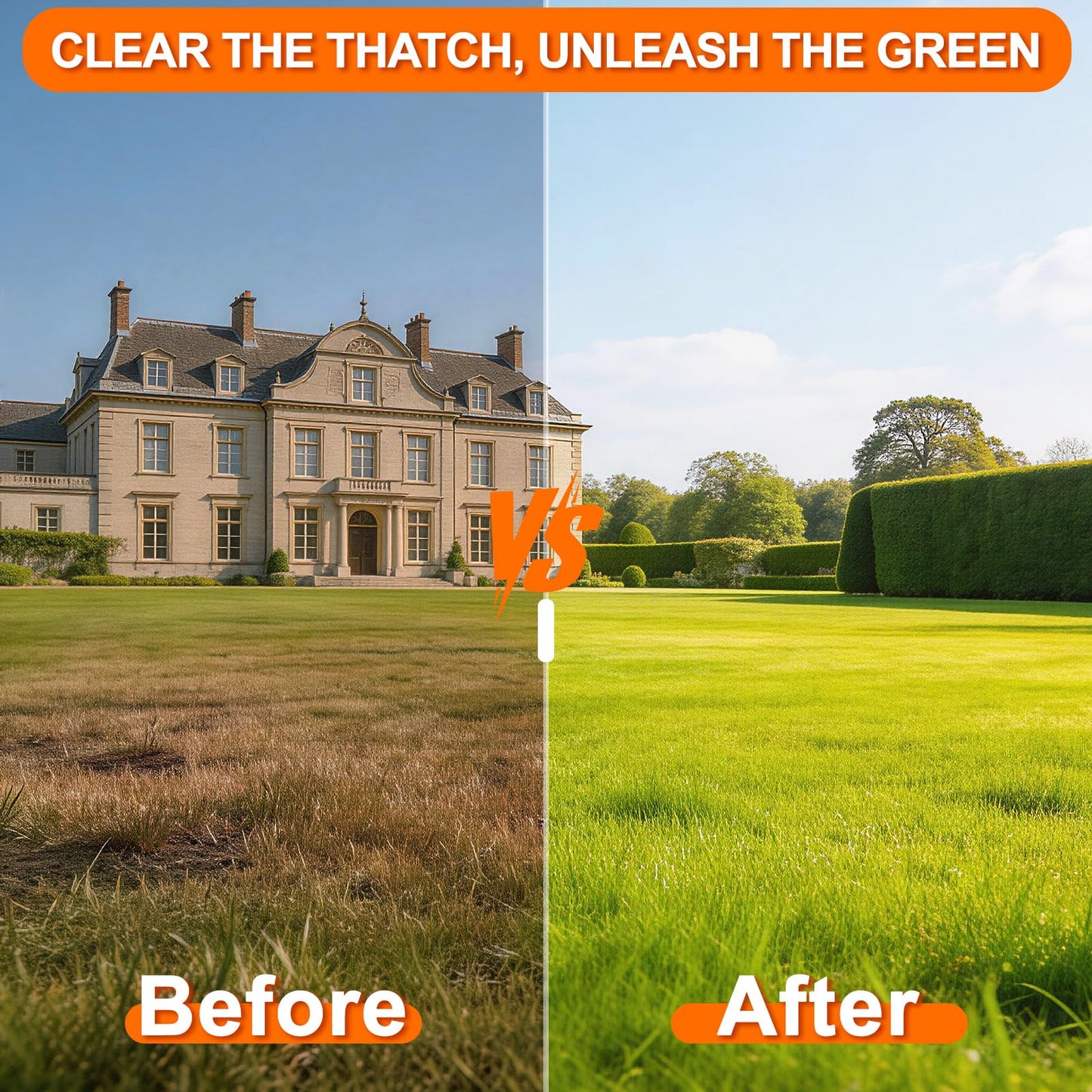 Thatch Rake for Lawn with 68" Adjustable Handle, 15" Heavy Duty Dethatcher Rake for Lawn, Thatching Rake with Dual-Action Tines, Dethatching Rake for Efficiently Removes Dead Grass, Loosens Soil
