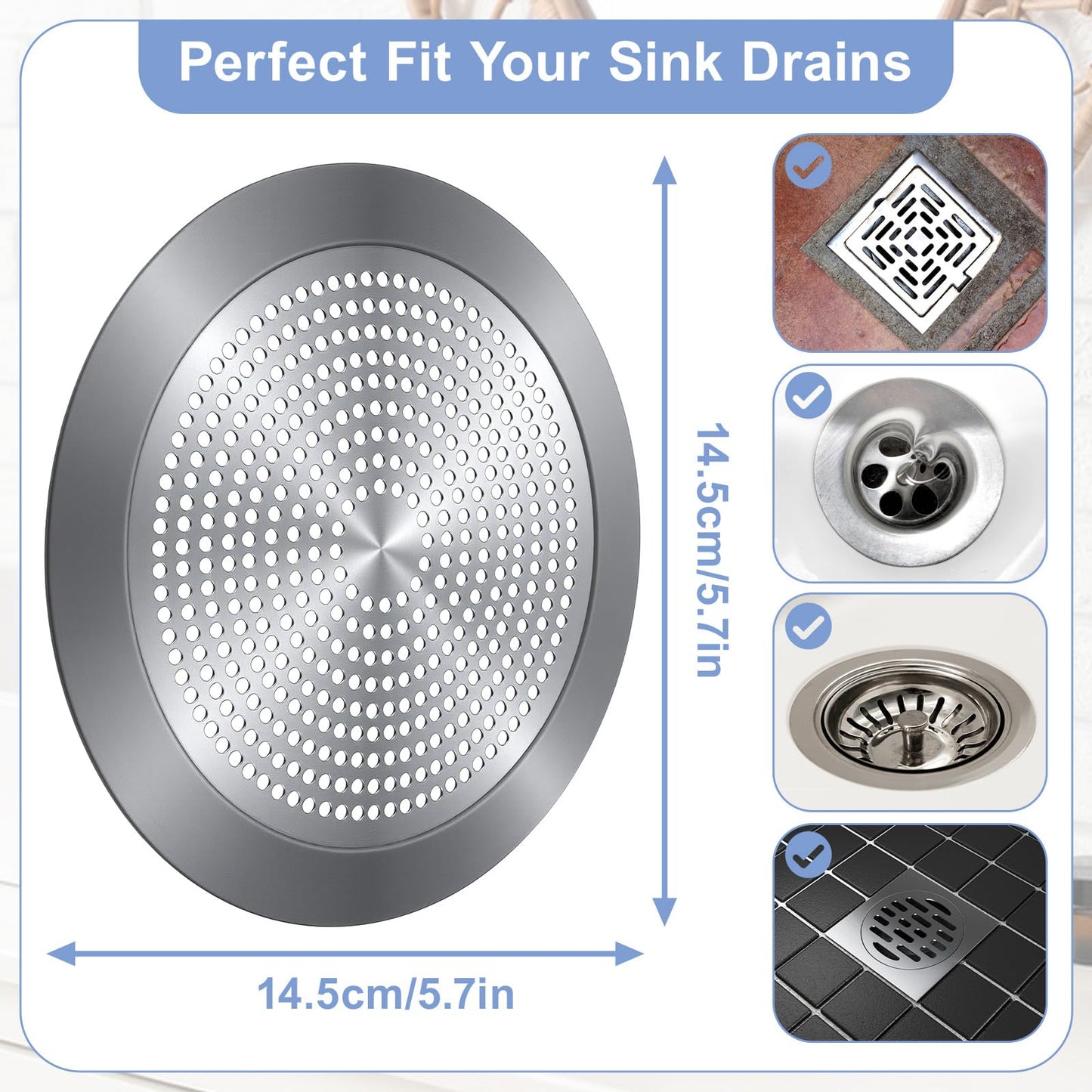 Shower Drain Hair Catcher, 5.7in Stainless Steel Bathtub Hair Catcher Drain Cover Bathroom Tub Sink Protector Flat Shower Drains Cover with Silicone Rim