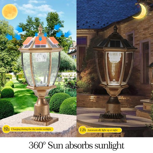 HXUHUWS Elegant Retro Gold Solar Column Headlights with Dimmable LED, 2 Pack, Convenient Outdoor Lighting