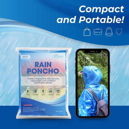 CloudTen Compact and Disposable Rain Ponchos for Men and Women (Multi Color (10 Packs))