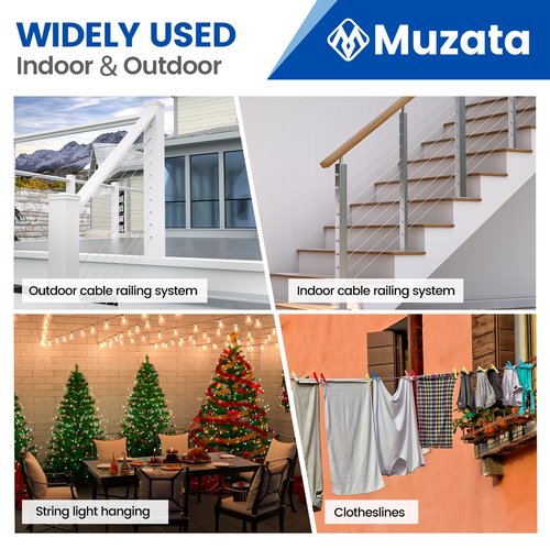 Muzata 1000 ft 1/8" Stainless Steel Cable Railing System Hardware T316 Stainless Steel Wire Rope 7x7 Strands 1800 lb Breaking Strength Deck Cable Railing Kit for Indoor Outdoor Coastal WR02