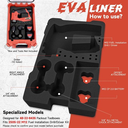 Terixe EVA Liner for Milwaukee 48-22-8435 Packout Tool Box - Precision-Cut Foam Insert Organizer for 2505-22 M12 Fuel Installation Drill/Driver Kit & Accessories (Black)