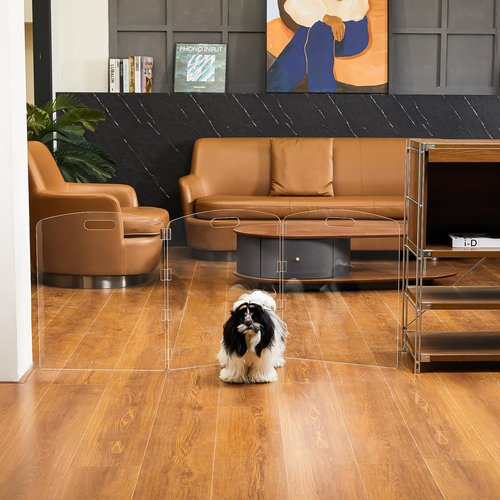 Feoyoho Acrylic Pet Gate Freestanding Foldable - Clear Dog Cat Gate for Doorways Stairs House - No-Drill Indoor Barrier Fence (24" Height-3 Panels)