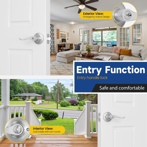RAFECIEE Keyed Entry Door Lever, Door Handle with Lock and Key, Exterior ＆ Interior Door Handle for Bedroom, Wave Style Lever Satin Nickel, Reversible for Left/Right