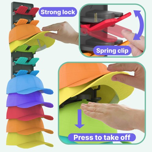 BRUBEQO Hat Organizer for Baseball Caps 2 Packs with Built-in Spring Clips - Wall Mount Closet Hat Rack Holder, Adjustable Storage for Door/Closet Display Hat Racks Hanger (Strong Adhesive & Screws)