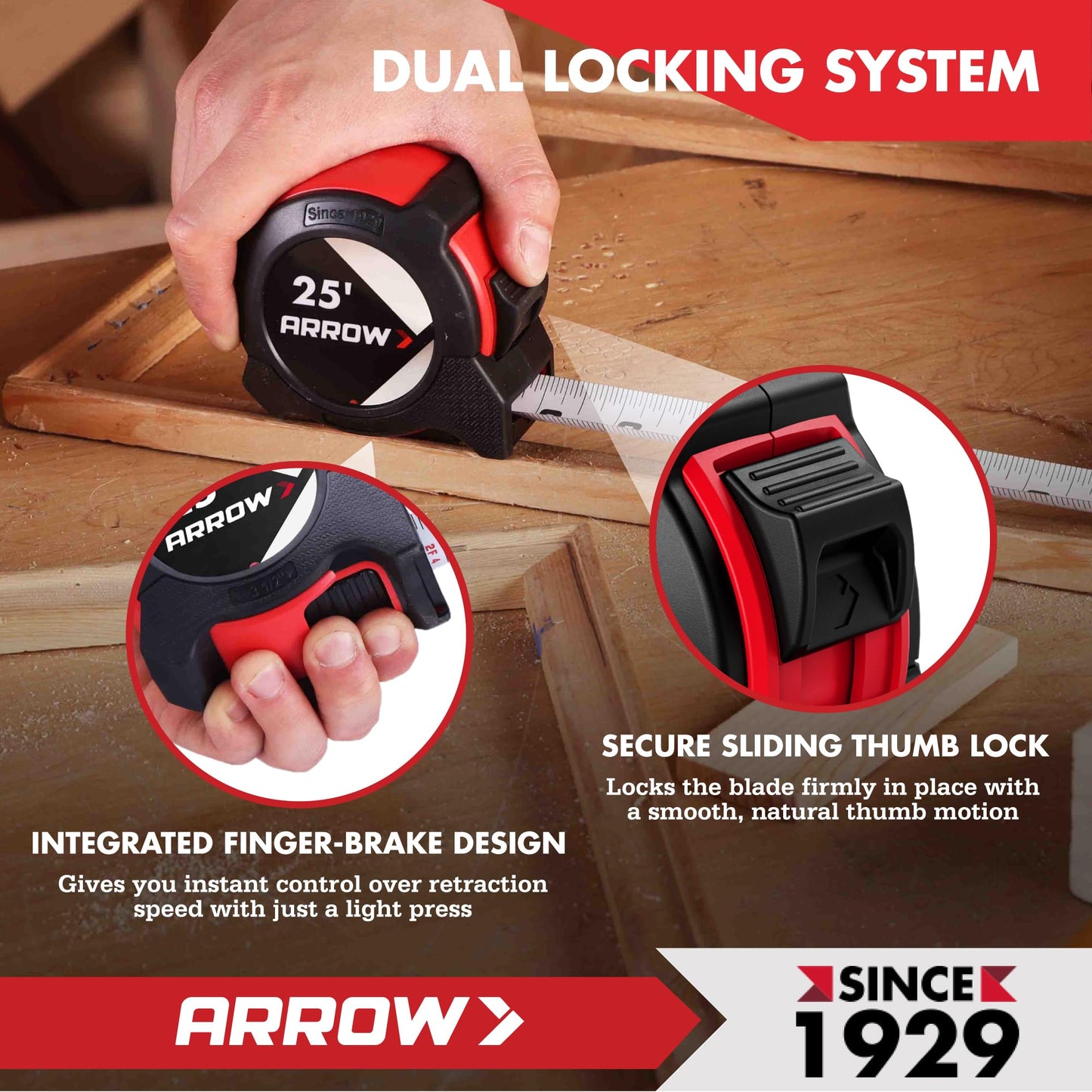 Arrow 25FT Tape Measure, 2PCS Easy Read Measuring Tape with Dual Locking System, Double Sided Measurement Tape with 1.25″ Blade, Belt Clip, Dual-End Metal Hook, and Rubber Protective Casing
