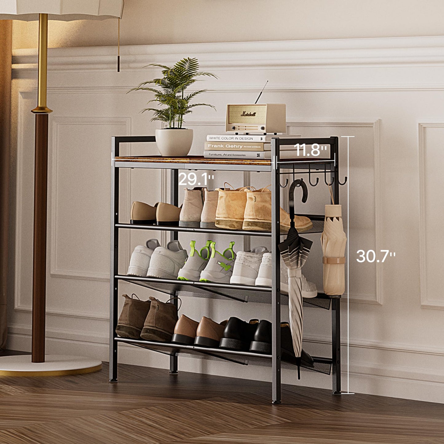 neatevday 4 Tier Shoe Rack, Shoe Rack for Front Door Entrance with Hook, Shoe Organizer with Adjustable Mesh Shelves, Metal Shoe Rack for Entryway, Closet, Bedroom Living Room Garage