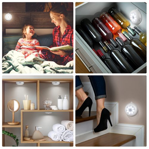 BLS Motion Sensor Light Indoor, LED Night Light Closet Lights, Under Cabinet Battery Powered Ceiling Lights, AA Battery Operated Stick on Wireless Puck Lights for Wall, Step, Stair, Dimmable (3 Pack)