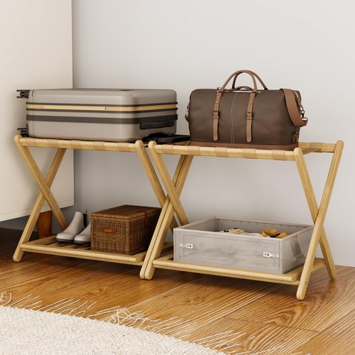 Oakvora Full Assembled Luggage Rack for Guest Room, Set of 2 Foldable Suitcase Stand with 5 Nylon Straps, Luggage Holder with Shoe Shelf for Suitcases Hotel (Natural Wood Bamboo Luggage Stands)