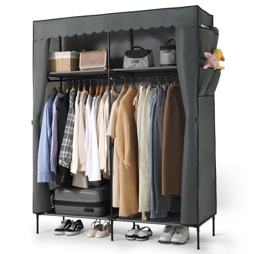 CAPHAUS 55-Inch Clothing Rack with Cover, Portable Closet Wardrobe, Covered Garment Rack for Hanging Clothes, 190LB Capacity Heavy-Duty Metal Frame Clothes Organizer Rack with Storage Shelves