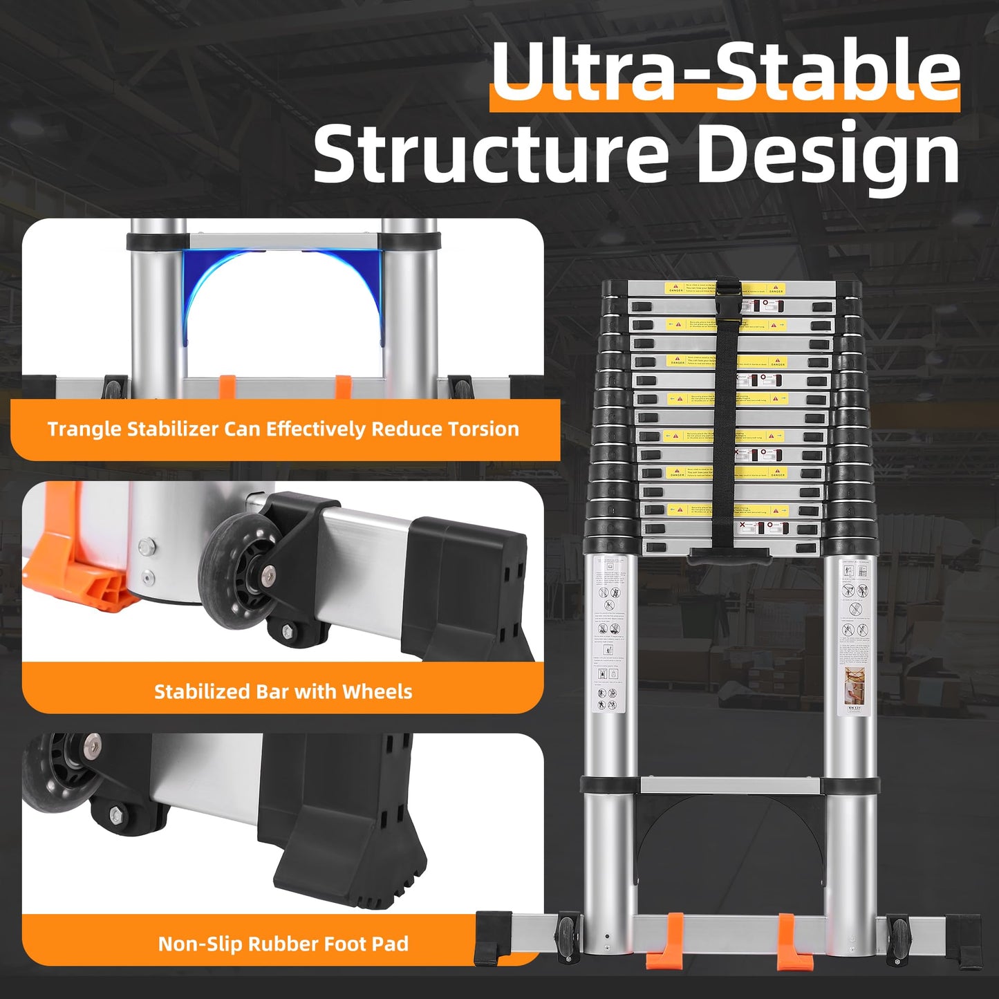 DEZEX Telescoping Ladder 20.3 FT,Aluminum Lightweight Extension Ladder with 2 Triangle Stabilizers and 2 Detachable Hooks,Safety Lock Slow Down Design Collapsible Telescopic Ladder for Home Outdoor