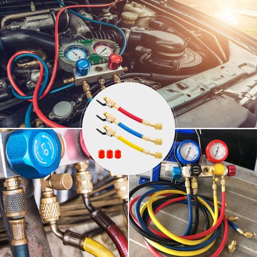 R134A R410A R22 R12 AC Charging Hoses, 7" Length Charging Hose Ball Valves, 3 Colored Coded Hose, HVAC Ball Valve Hoses Red and Blue 1/4 Male x 5/16 Female,Yellow 1/4 Male and Female