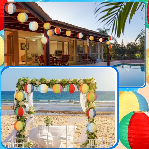 Panelee 12 Pcs 8 Inch Beach Ball Paper Lanterns Pool Party Decorations Summer Luau Themed Round Hanging Decorations for Office Classroom Home Outdoor Indoor Party Supplies