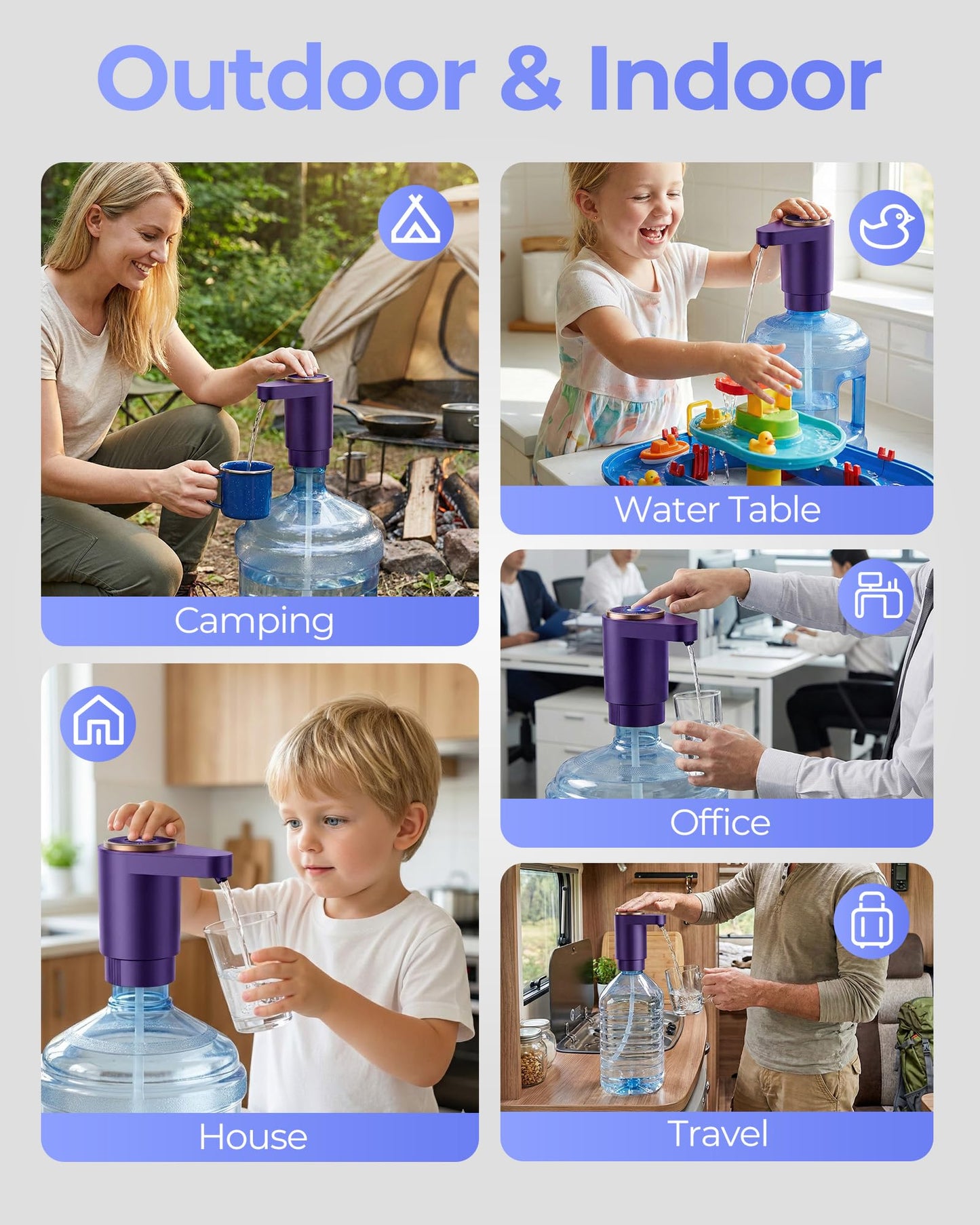 Cozycharm Water Jug Pump for 5 Gallon Bottle – Portable Electric USB-C Charging Dispenser, Dual Powerful Motors, Fast Flow, Fits 2-5 Gallon Jugs – Ideal for Home, Office, Camping, RV, Dark Purple