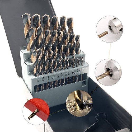 GMTOOLS 29Pcs Cobalt Drill Bit Set, 135 Degree Tip High Speed Steel with Black and Gold Finish, Stainless Steel, Plastic and Wood with Metal Indexed Storage Case 1/16"-1/2"