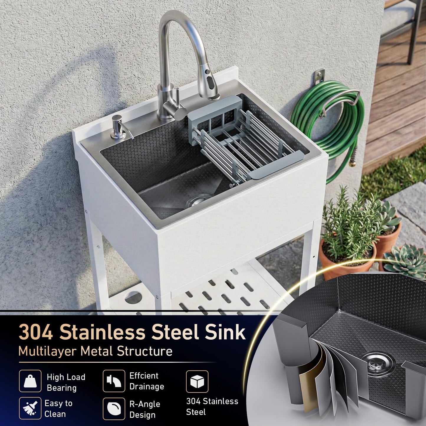20" Freestanding Utility Sink, Stainless Steel Single Bowl with Deep Basin, Heavy Duty Sinks with Storage Shelves & Hot/Cold Water Pipes for Laundry, Kitchen, Farmhouse, Garage