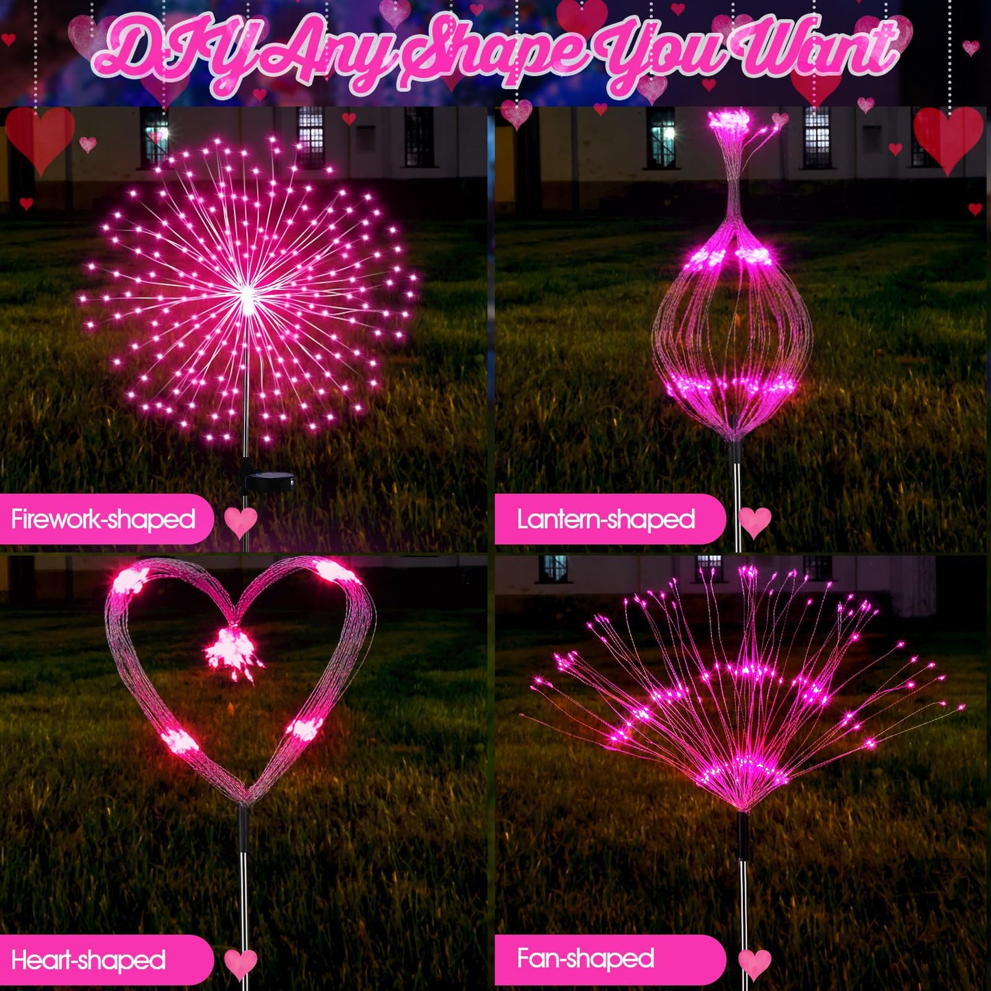 Tujoe 6 Pack Pink Solar Firework Lights 180 LED 8 Lighting Modes Waterproof Outdoor Decorative Solar Lights for Wedding Valentine Birthday Garden Patio Yard Pathway Walkway Lawn Decor
