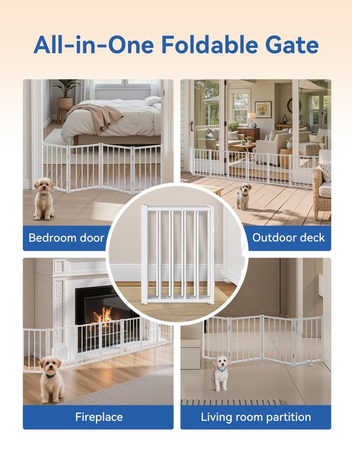 BFNN Free Standing Foldable Dog Gate, 16.5" High Step-Over Metal Short Pet Gate, Up to 48" Wide Puppy Fence for Stairs and Doorways, Indoor & Outdoor Use, No Drilling and No Assembly, White