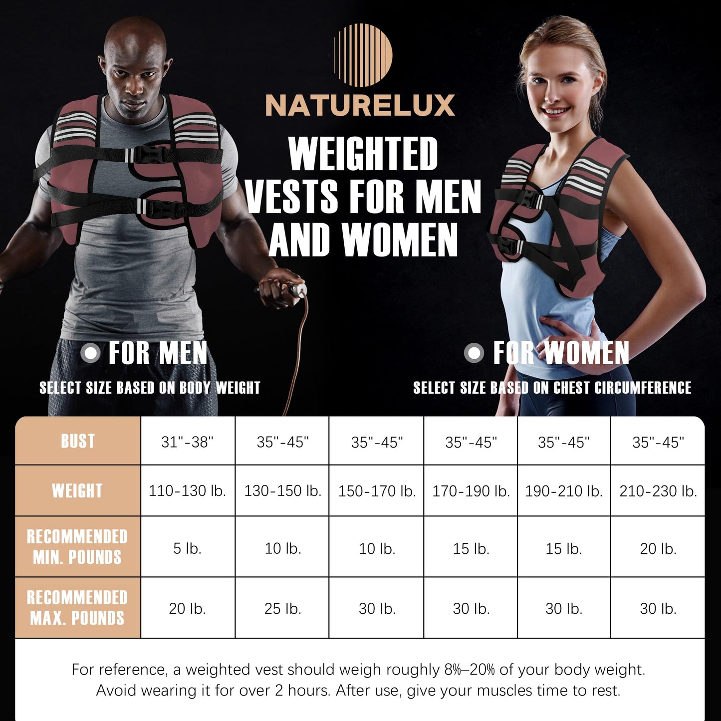 NATURELUX Weighted Vest with Reflective Stripe and Adjustable Buckle Straps, Sand Brown, 25 lbs
