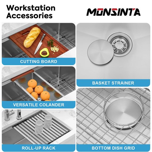 MONSINTA Undermount Kitchen Sink, 33" x 18" x 10" Single Bowl Workstation Sink, 33 Inch Large and Deep Stainless Steel Handmade Kitchen Sinks with Accessories, 10 Inch Depth