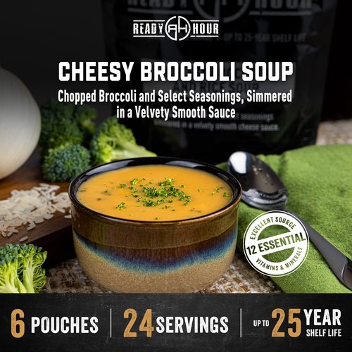 Ready Hour Cheesy Broccoli & Rice Soup Case Pack – Freeze-Dried Soup, Emergency Food, Long-Term Storage, Instant Survival Meals, Prepper Pantry, Prepared Meals, Ready to Eat – 24 Servings (6 Pouches)