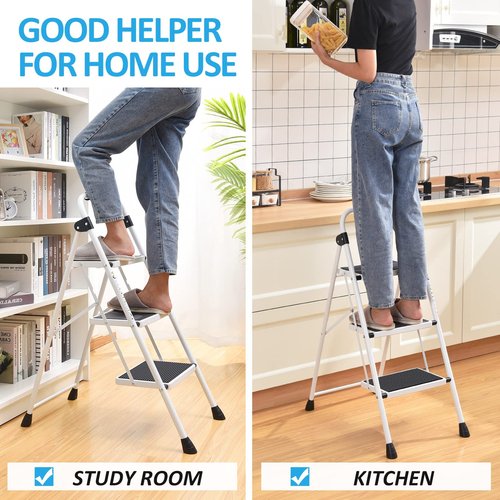 KINGRACK Step Ladder 3 Step Folding with with Anti-Slip and Wide Pedal,Portable Foldable,Tall Sturdy Step Ladder with Handgrip for Home Kitchen Household,White