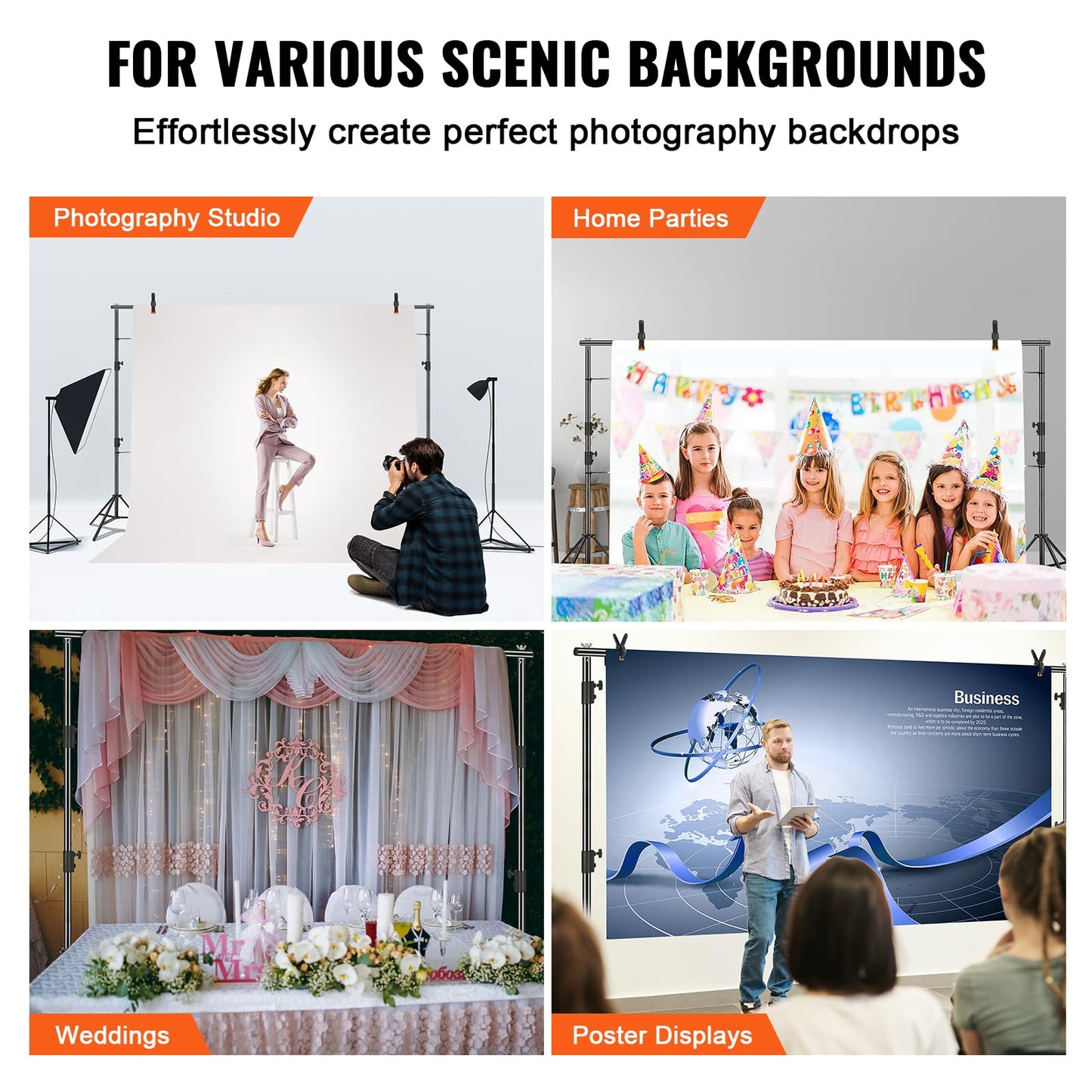 VEVOR 11.5 x 9.6 ft Heavy Duty Backdrop Stand, Height Adjustable Photography Backdrop Stand, Background Support System with 6 Clamps and A Carry Bag, for Party, Wedding, Display, Photo